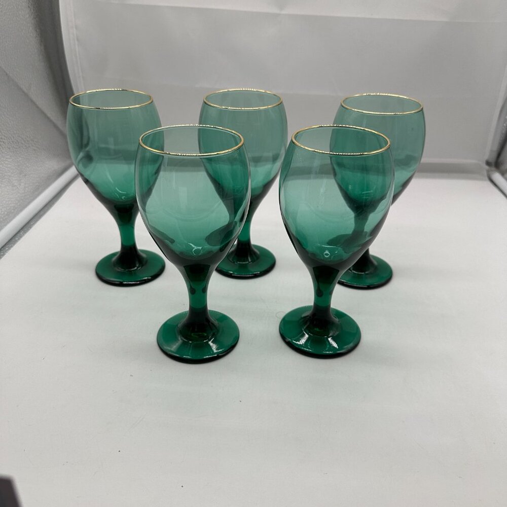 Vintage Libbey Set of 5 Teardrop Juniper Wine Glass Glasses Gold Trim 7"